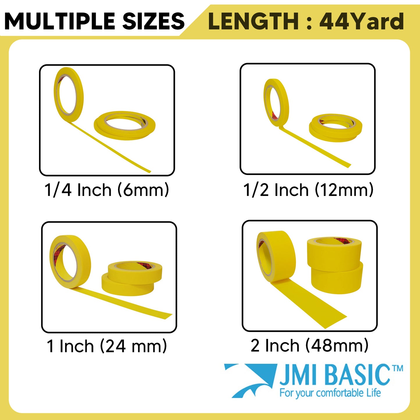 JMIBASIC Yellow Painters Tape for Car Paint - 3 Roll Multi Size Automotive Masking Tape - TOOL 1ST