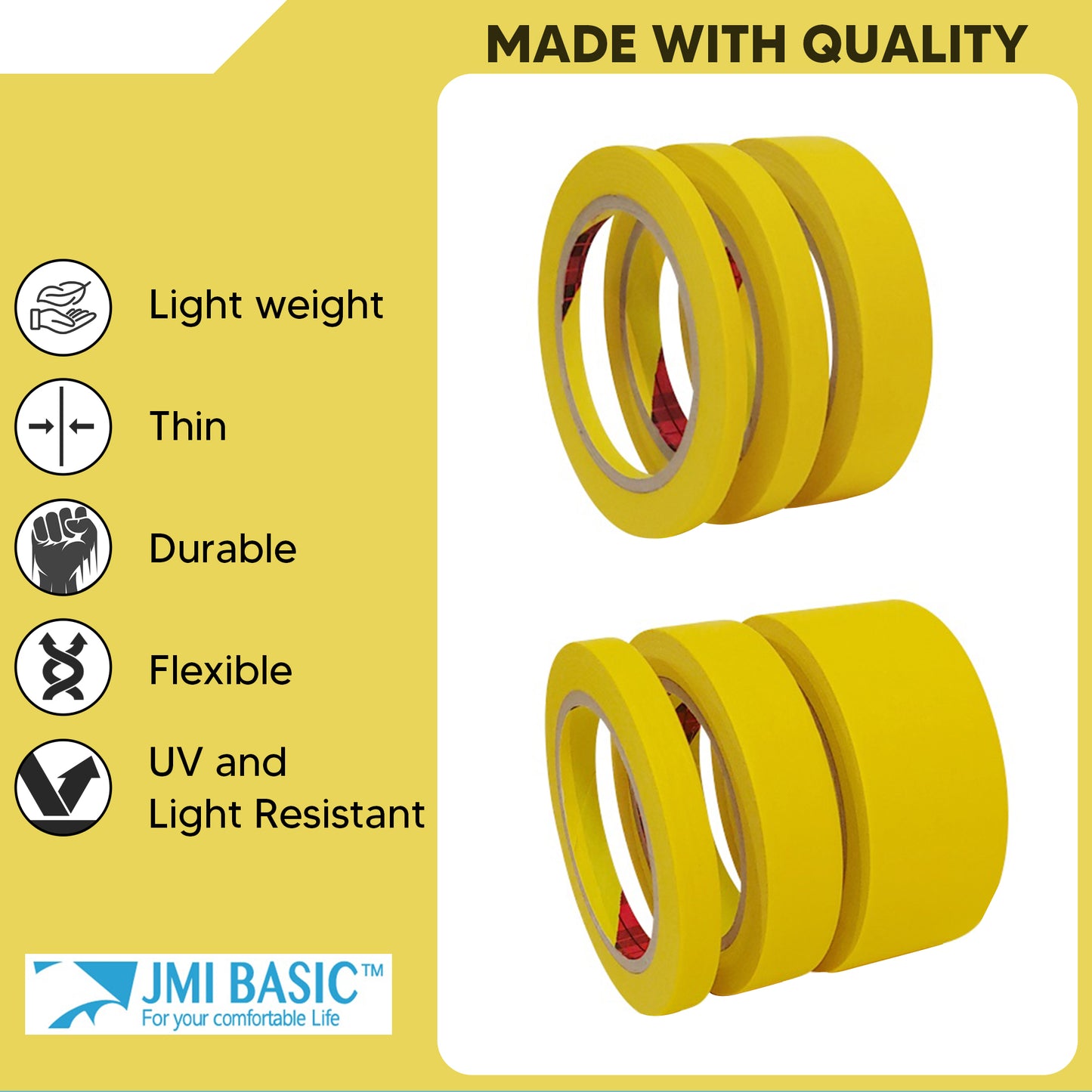 JMIBASIC Yellow Painters Tape for Car Paint - 3 Roll Multi Size Automotive Masking Tape - TOOL 1ST