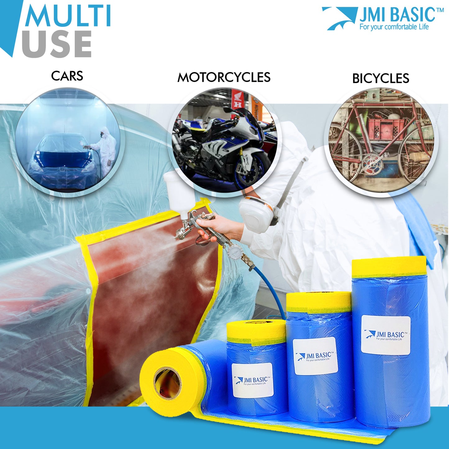 JMIBASIC Pre taped Masking Paper - Painters Plastic Sheeting Paint Tape for Auto body - TOOL 1ST