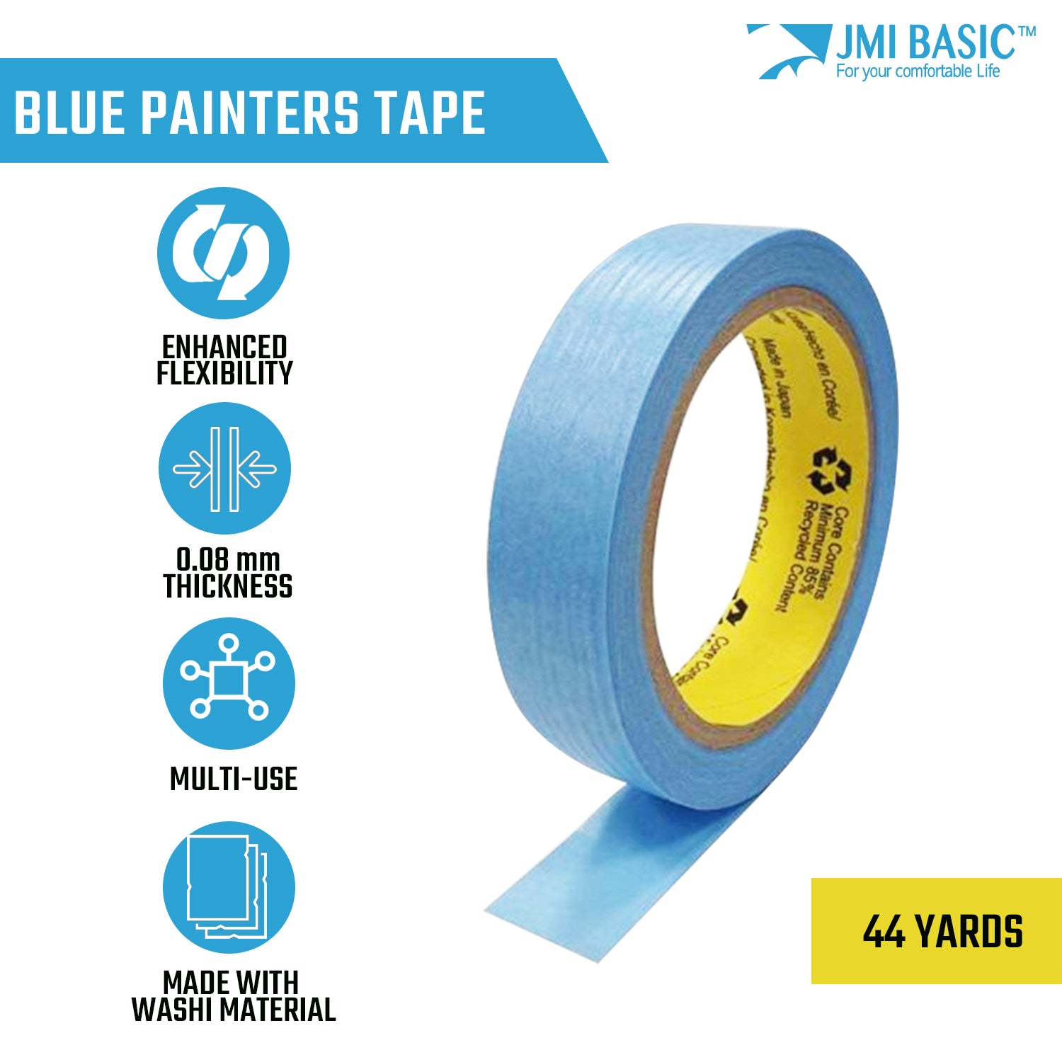 Blue Painters Washi Tape Set  - 1/4 x 1/2 x 1 Inch - 44 Yard - No Residue Masking Tape for Delicate Surface - Heat Resistant - TOOL 1ST